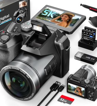 64MP Professional Digital Camera for Photography Autofocus, 5K Vlogging Camera for YouTube,16X Anti-Shake Compact Travel Camera with WiFi & App Control, Flash,SD Card, 2 Batteries (Black)